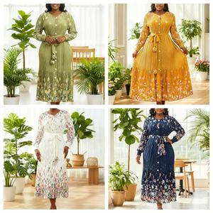 Robe élégante décontractée grande taille pour femme <span class=keywords><strong>Miyaki</strong></span>, ceinture, vente en gros 2025, col en V, manches lanternes, imprimé floral, robe plissée avec - Product Image 5