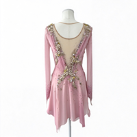 Robe de patinage et de danse rose pour enfants et adultes, en maille à manches longues, avec strass et découpes florales au dos, pour compétition et spectacle de patinage sur glace