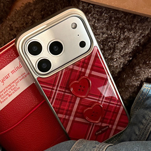 <span class=keywords><strong>Coque</strong></span> de téléphone pour femme, style rétro à carreaux <span class=keywords><strong>bordeaux</strong></span>, avec bouton en forme de cœur 3D et placage électrolytique, pour iPhone 17 Pro Max - Product Image 2