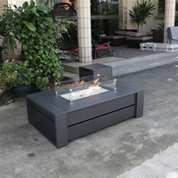 Table de foyer extérieure en aluminium au propane avec pierres en verre transparent, couvercle, noire, rectangulaire