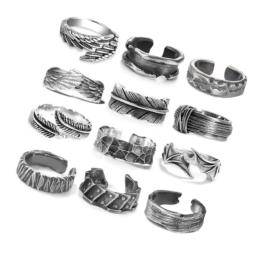 Mode Lot Rvs One Size Sieraden Ring Zilver Gehamerd Vijf Vinger Hiphop Punk Goth Verstelbare Ringen Voor Mannen Set