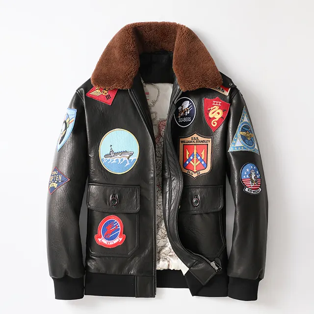 2022 Dark Brown TOP GUN Pilot sheep Leather Jacket Genuine Thick Cowhide Winter Warm Aviation Coat for Men