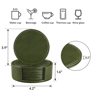 Juego de Posavasos Redondos de Cuero Sintético Verde con Logotipo Personalizado, Posavasos de Cuero PU <span class=keywords><strong>para</strong></span> Té, Cerveza, Café y Bebidas con Soporte - Product Image 4