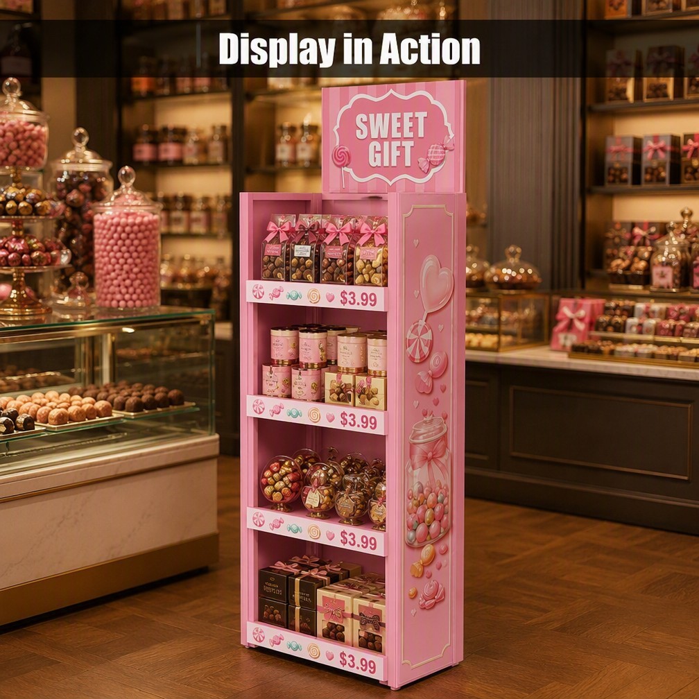 Apache Custom Candy Display Rack 4-Way 4-Tier Metal Confectionery Merchandiser Knock Down Spinning Stand for Sweet Boutique OEM — view 1