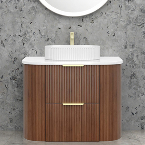 Meuble-lavabo de salle de bain moderne avec tiroirs, design circulaire, en bois de chêne brun, tendance 2026, personnalisable, tailles sur mesure - Product Image 2