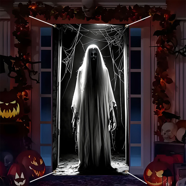Halloween Door Banner Indoor Outdoor Use Scary Long-haired Female Ghost Hanging Decor Entryway Courtyard Atmosphere Layout 100%