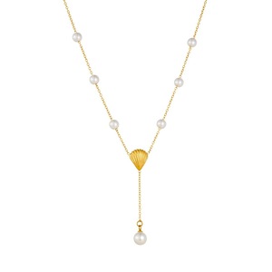 Pearl Clavicle Chain Gold Plated Stainless Steel Y Shaped Scallop Pendant Necklace Daily Party Jewelry - Product Image 5