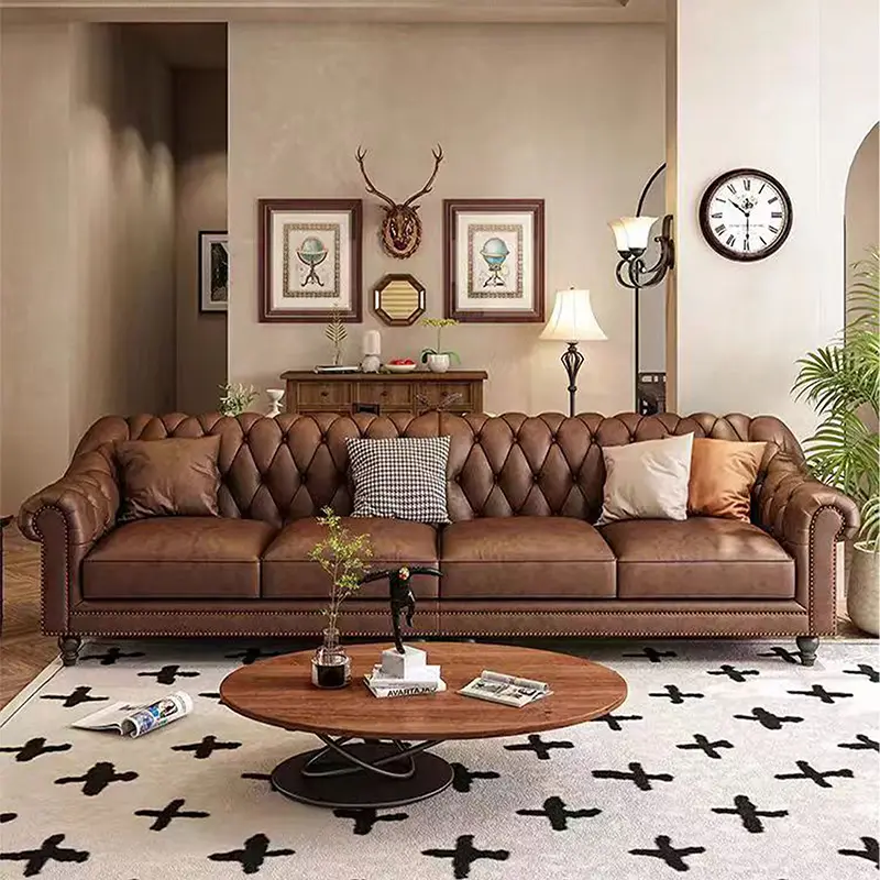 Ensemble de canapés de salon modernes et luxueux canapés chesterfield américains classiques de l'usine canapés en cuir véritable meubles canapés