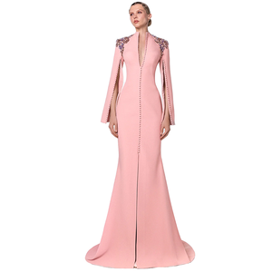 A10452 Migugarment Vestido de Gala Elegante con Pedrería de Alta Calidad, Vestido de Fiesta con Mangas Largas, Cuello en V, Vestidos Largos Estilo Imperio - Product Image 1