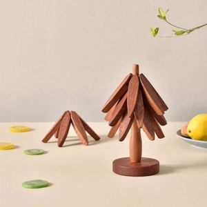 Kitchen Europe Style Folding <b>Tree</b> Shape Wooden Trivet Set with Coasters for Hot Dishes - Product Image 6