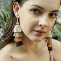 Boucles d'oreilles longues en soie avec pompons ethniques bohèmes faits à la main, plaquées or, pour femmes 2019