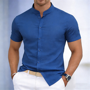 Camisa de <span class=keywords><strong>Manga</strong></span> <span class=keywords><strong>Corta</strong></span> con Cuello Mandarín para <span class=keywords><strong>Hombre</strong></span>, Color Sólido, Corte Entallado, Estilo Casual Elegante, Personalizable en Talla y Color con Impresión - Product Image 5