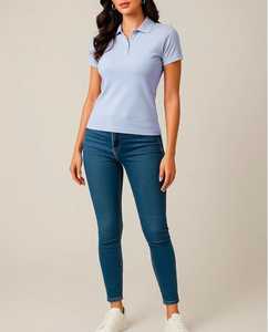 Polo de punto transpirable para mujer, azul, informal, con cuello, corte regular, manga corta, color rosa sólido. - Product Image 3
