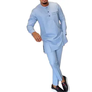 2023 African Men's Clothing Printed Crewneck Shirt And Tracksuit Pants 2-Piece Blue Fashion Trend Casual Simple Comfortable Suit
