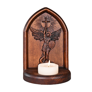 Archangel Michael Wooden Tealight Candle Holder Gift, Hand Carved Catholic Icon Altar Decor, OEM Wholesale
