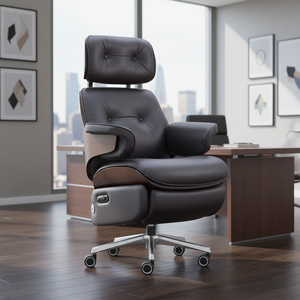 Orta Yüzyıl Modern Deri Ergonomik Elektrikli Ofis Koltuğu |   Ahşap Sırt Desteği |   Ayak dayama yeri |   Ev Ofisi için Uyku Koltuğu - Product Image 2