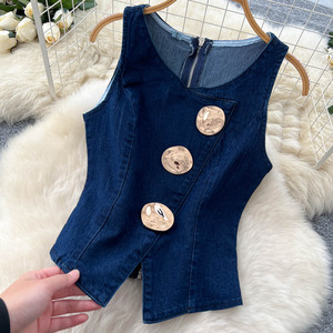 Ensemble gilet tricoté sans manches à col rond avec boucle métallique et <span class=keywords><strong>pantalon</strong></span> long en jean taille haute à jambes larges pour <span class=keywords><strong>femme</strong></span> - Product Image 5