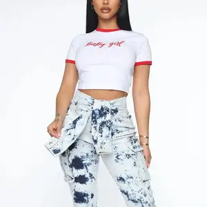 MGOO Graphic Customized Baby Girl Embroidered White Crop Top Ringer Short Sleeve Cotton Spandex Crop Tee