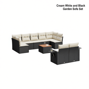 Cream White And Black <b>Rattan</b> Garden <b>Sofa</b> Set With Cushions 6 Seater Outdoor Furniture Contemporary Design - Product Image 1