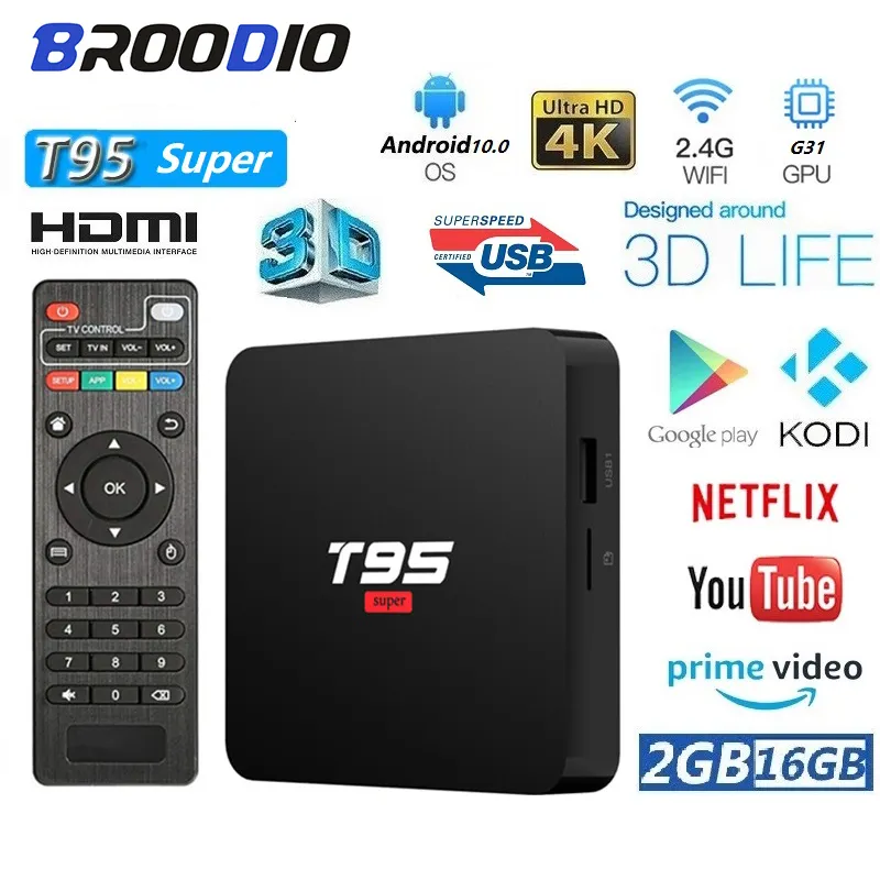 Smart TV Box Android 10.0 T95 Super 2GB 16GB A Raggi Infrarossi di Controllo Remoto 4K HD Movie Lettore Audio youtube Google Store Wifi Set Top Box