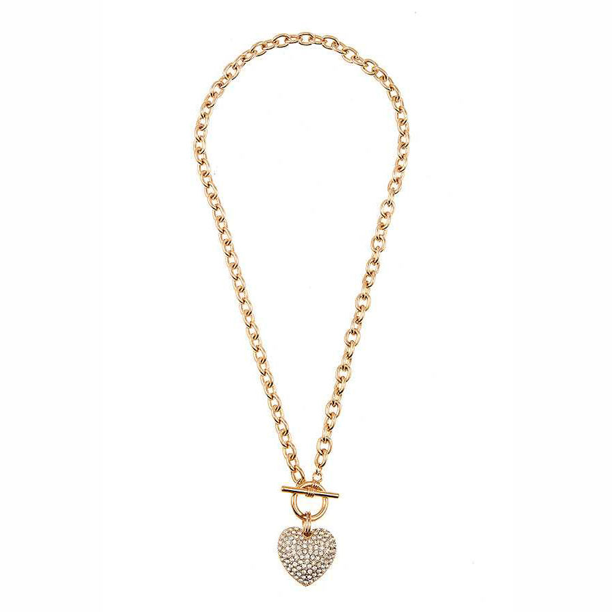 GOLD TOGGLE CHAIN LINK RHINESTONE HEART PENDANT NECKLACE
