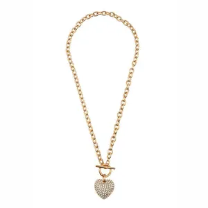 GOLD TOGGLE CHAIN LINK RHINESTONE HEART PENDANT NECKLACE