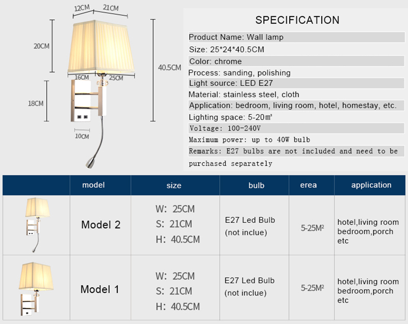 Modern Reading Wall light E27 Indoor Decorative Square Nordic Sconce Lighting Fixtures Hotel Fabric led Wall Lamp