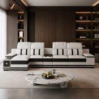 Canapé d'angle moderne en cuir véritable beige, trois places, avec appuie-tête réglable, console de rangement et éponge écologique