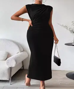 कस्टम लंबी सादा काली बिना आस्तीन की पोशाक