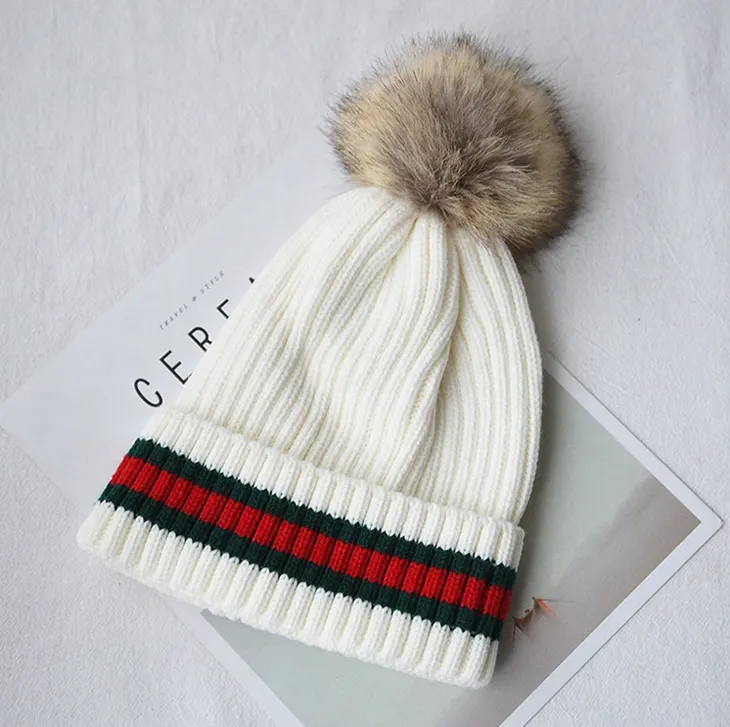 custom promotional striped wool pom pom knitted hat cap women low profile round cap brimless crochet cuff beanie hat for winter