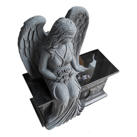 Statue d'ange ailé en granit noir d'Inde, pierre tombale commémorative avec banc