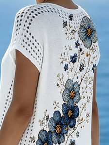 Vestido Midi de Punto Floral Azul para Mujer, Verano 2026, Cuello en V, Manga Corta, Malla Pointelle, 100% Poliéster, Estampado, Ropa de Resort - Product Image 5