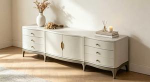 Mueble para TV Curvo de Primera Calidad en Color Blanco Crema, Mueble de Almacenamiento de Madera Maciza de Lujo para Sala de Estar o Dormitorio - Product Image 6