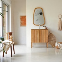 Ensemble de meuble-lavabo de salle de bain avec porte à lattes en bois naturel personnalisé, lavabo simple, autoportant, en bois massif, design à porte à lattes