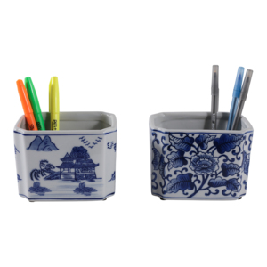 Organizer da Scrivania in Ceramica Rettangolare con Disegni Tradizionali Chinoiserie, Piccolo Accessorio per l'Ufficio - Product Image 2