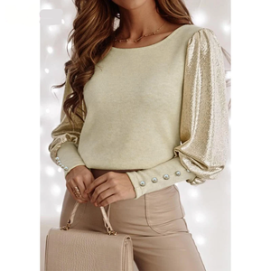 Vente en gros Nouvel Arrivage Marque privée Tendance Mode pour <span class=keywords><strong>femme</strong></span> Tops Bouton Décors Sequin Manches bouffantes Blouses élégantes - Product Image 1