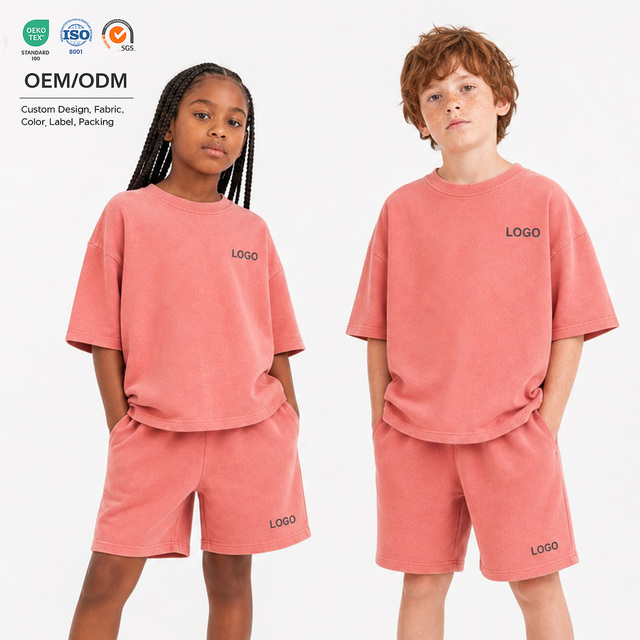 Custom Logo Kids Oversized Washed T-Shirt Shorts Set 100% Cotton Boys Girls Summer Streetwear 2 Piece Children Clothing OEM/ODM