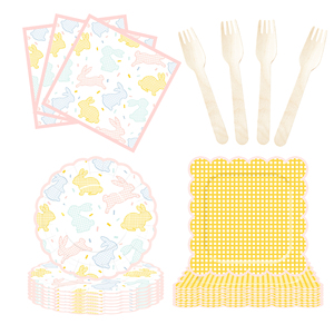 DAMAI Easter Party Theme Decor Bulk Wholesale Set Yellow Check Easter Rabbit Paper Plates <b>Tablecloth</b> Party <b>Disposable</b> Tableware - Product Image 3