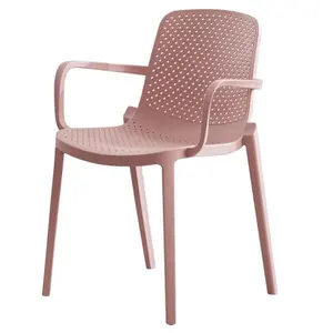 Silla de comedor apilable de plástico pp, moderna y barata, color rosa, con reposabrazos