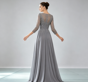 Vestido <span class=keywords><strong>de</strong></span> Noche Elegante Gris <span class=keywords><strong>de</strong></span> Gasa para <span class=keywords><strong>Fiesta</strong></span> <span class=keywords><strong>de</strong></span> Gala 2026, Estilo Tradicional Chino, Línea A, Impresionante Vestido <span class=keywords><strong>de</strong></span> Noche Gris con Cuentas, Manga 3/4 - Product Image 5