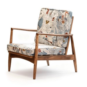 Fauteuil simple en bois massif de style français avec tissu imprimé pour salon - Product Image 2