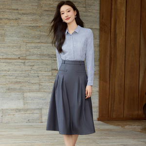 French Striped Polo Collar Long Sleeve Shirt Women Autumn 2025 Commuter Top Slim Fit Blouse Poplin Fabric - Product Image 1