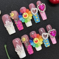 Ongles en acrylique épais faits à la main, motif fleur de cerisier 3D sculpté au gel, finition brillante, peints à la main, 10 pièces, vente en gros