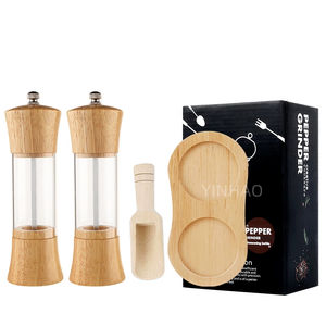 Ensemble Premium de 4 moulins à épices en bois de 6 pouces, moulin à sel en bois pour sel et poivre, avec plateau et cuillère - Product Image 1