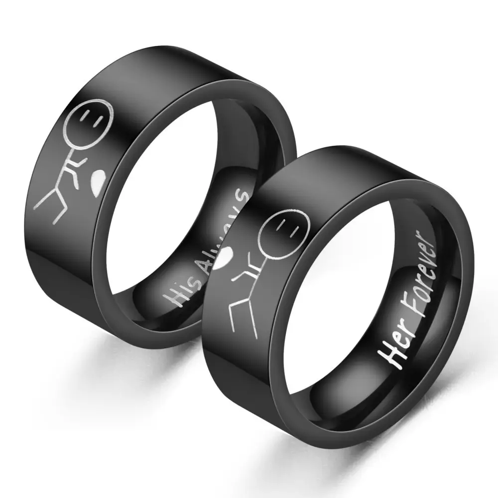 Trending Stainless Steel Iced Out Couple Wedding Ring Black Plated His Always Her Forever Finger Rings for Women Men