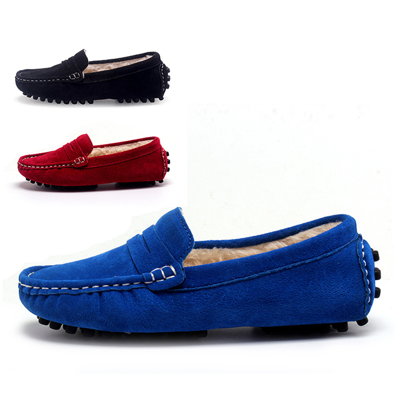 Kids Winter Warm Dress Shoes Children Original Suede Leather Penny Loafers Slip On Flats for Boys Girls Part Moccasins Shoes