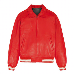 Blouson bomber en cuir PU rouge pour homme, col rabattu, design avec patch brodé, fermeture éclair, style décontracté - Product Image 1