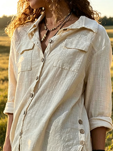 Camisa <span class=keywords><strong>de</strong></span> moda texturizada estilo New Forest 2026, blusa informal vintage <span class=keywords><strong>de</strong></span> manga larga con abertura lateral y botones, venta al por mayor transfronteriza - Product Image 1