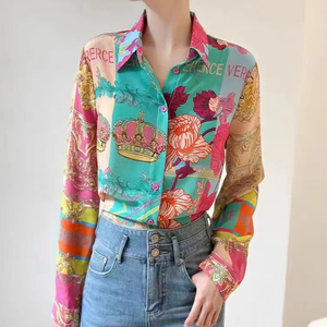 Kaus lengan panjang desain bunga Lapel wanita, kemeja Vintage musim gugur - Product Image 1