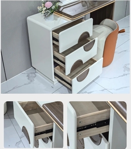 Wooden <b>Makeup</b> Vanity Table Set Round <b>LED</b> Illuminated <b>Mirror</b> Extendable Dresser With Storage Drawers Cushioned Stool For Bedroom - Product Image 4